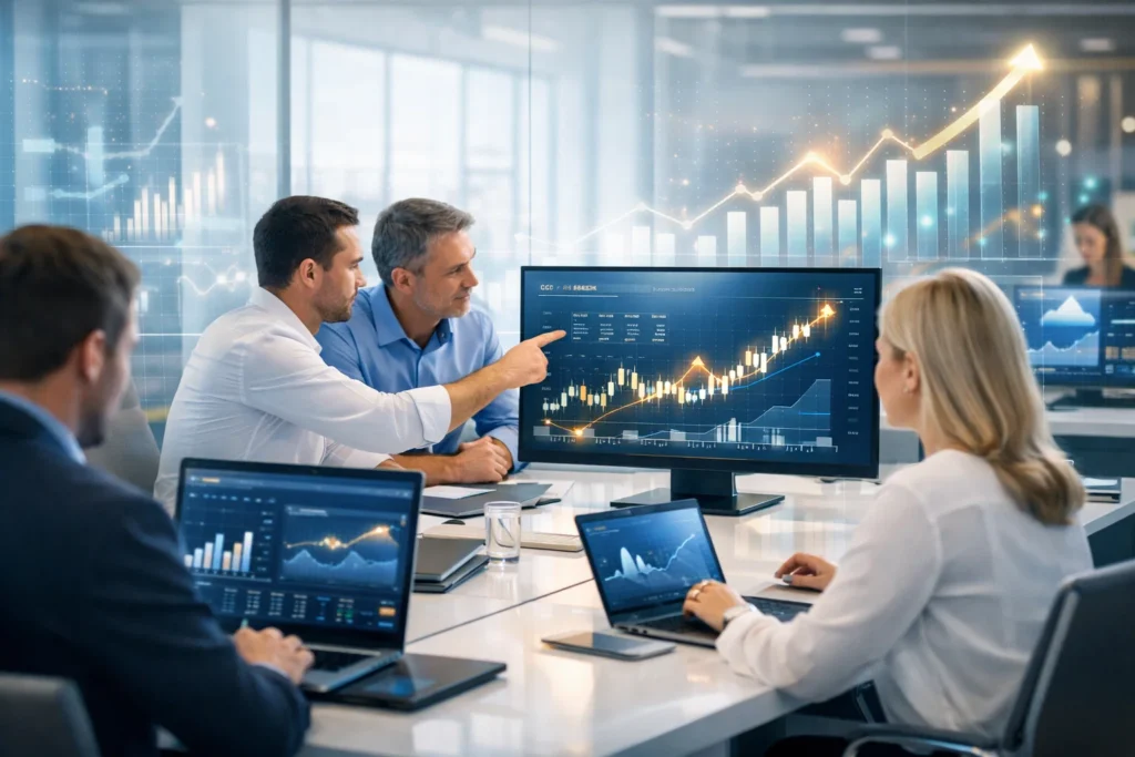 Forex CFD SEO growth strategy showing organic performance charts and trading analytics.